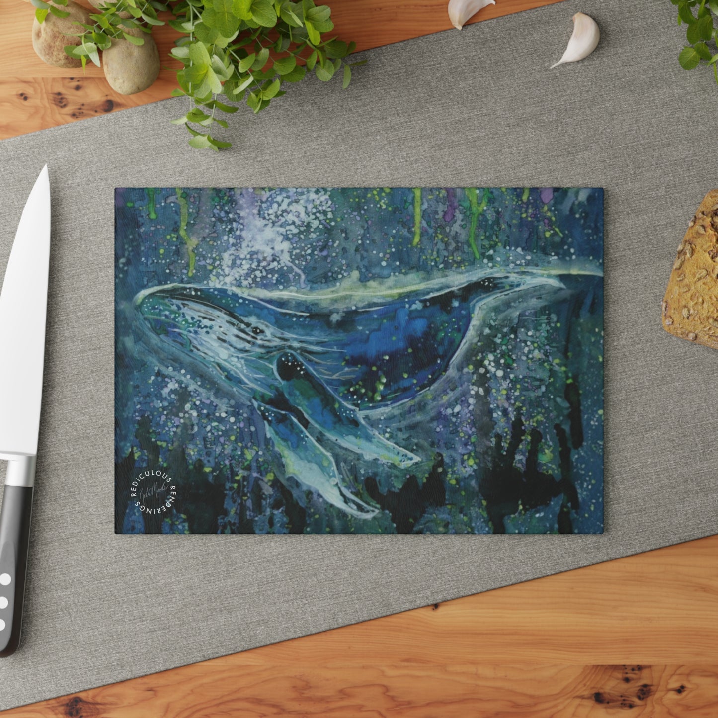 Whale Ocean Glass Cutting Board – Artistic Humpback Sea Life Kitchen Board