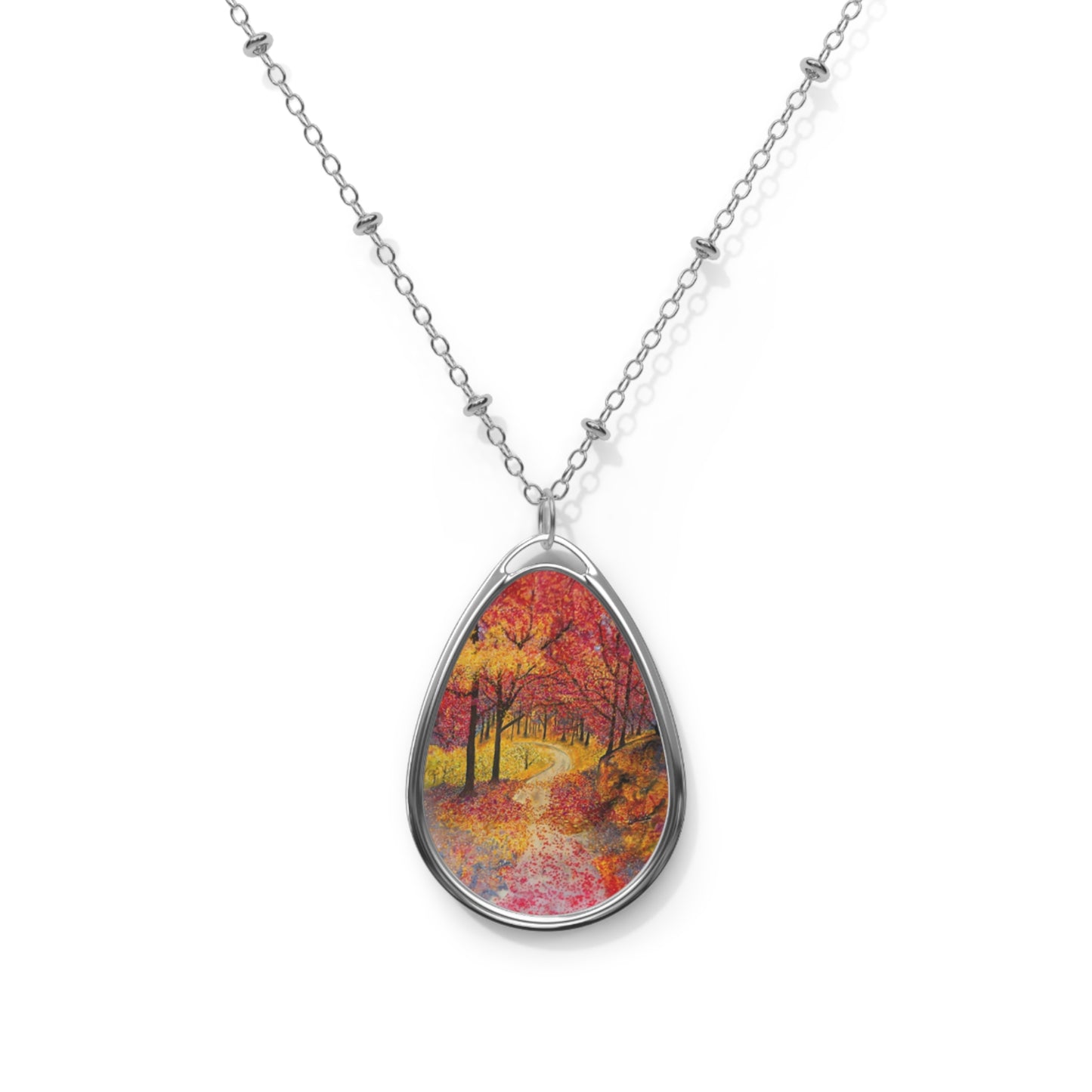 Silver Oval Pendant Necklace with Hand-painted Fall Forest Road Nature Art