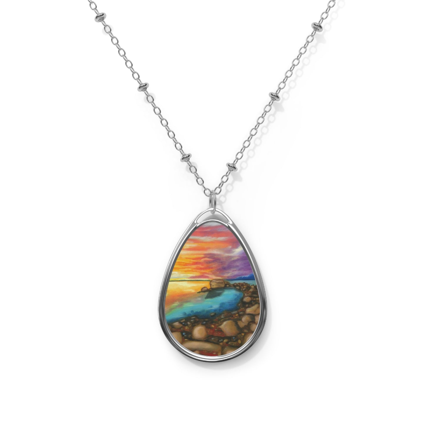 Silver Oval Pendant Necklace with Hand-painted Sunset Ocean Nature Art