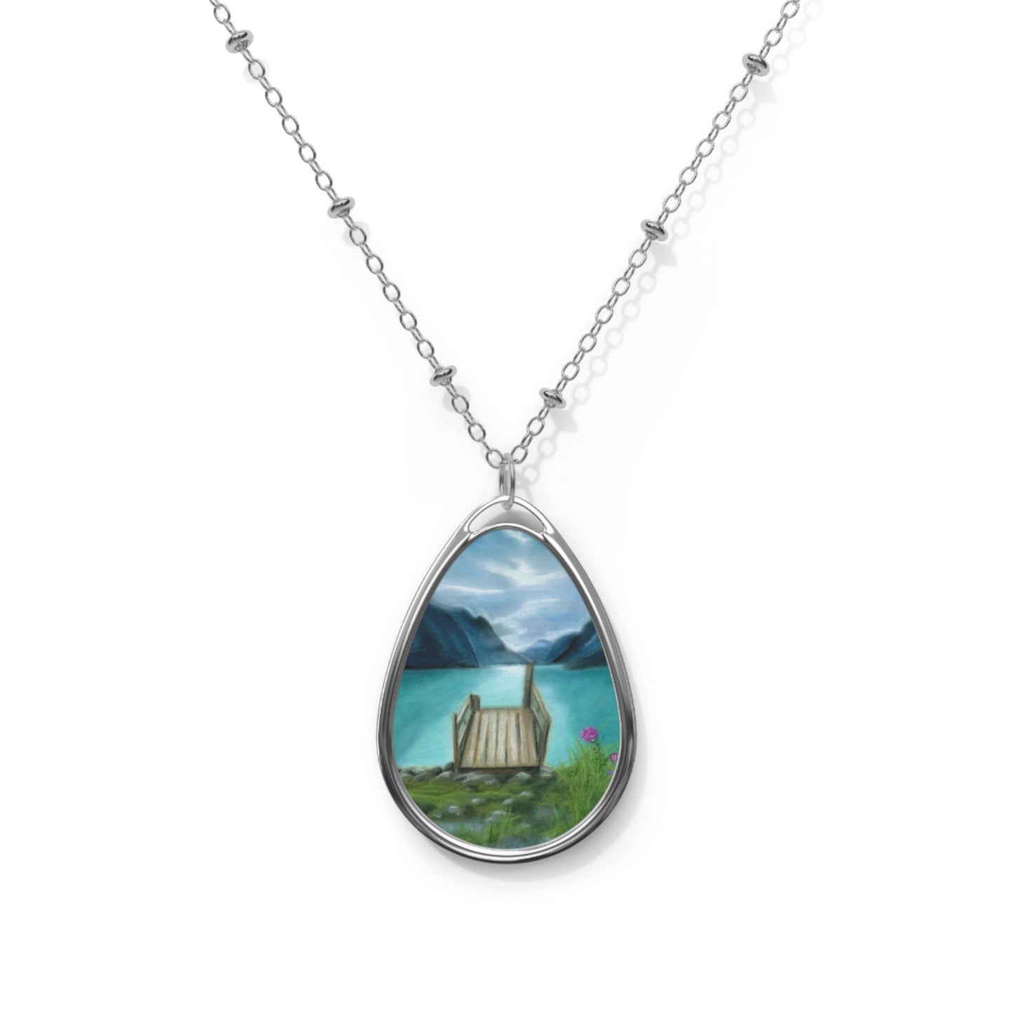Silver Oval Pendant Necklace with Hand-painted Peaceful Lake Retreat Art