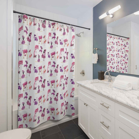 Flamingo Pattern Shower Curtain — Whimsical Pink & Purple Tropical Bath Decor