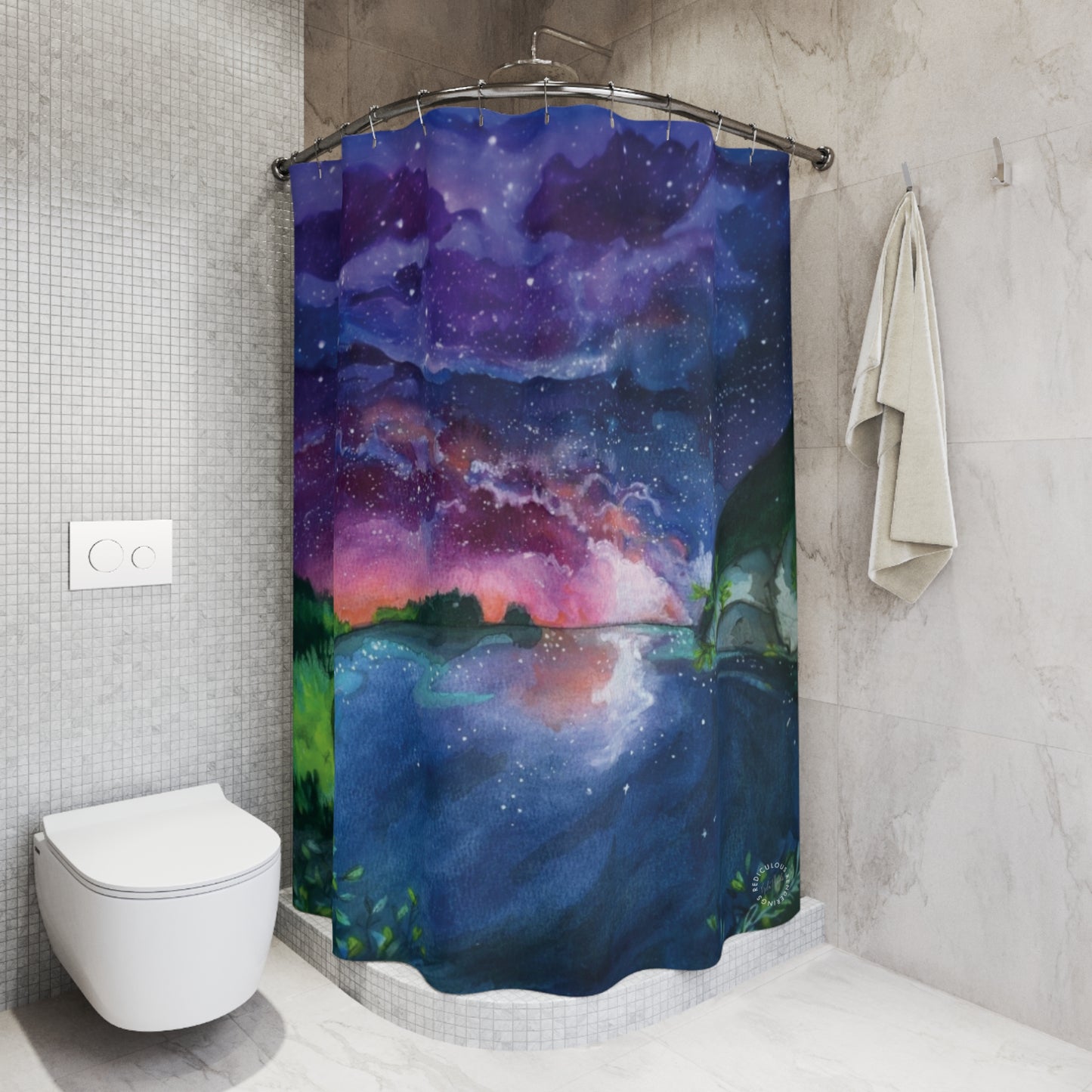 Galaxy Lake Shower Curtain — Aurora Night Sky Bathroom Decor