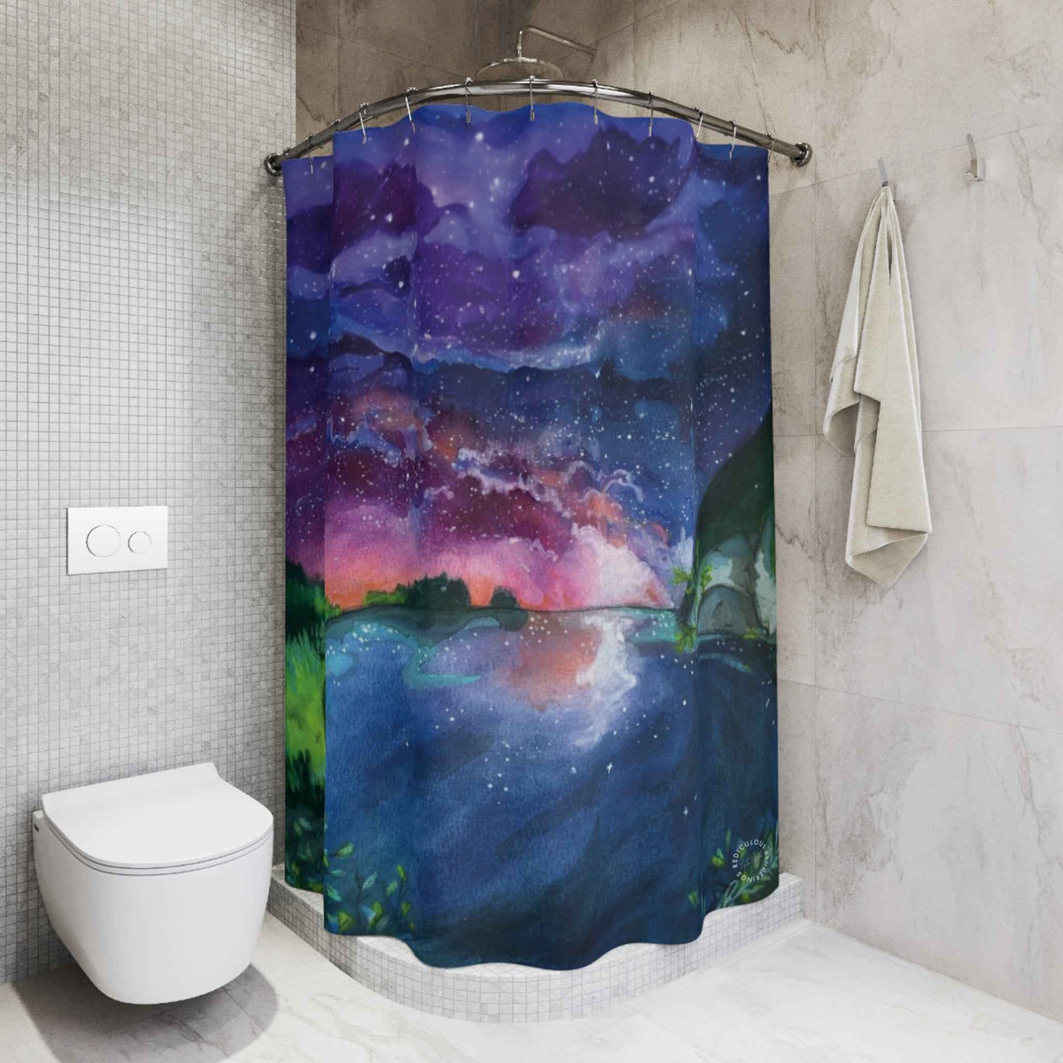 Galaxy Lake Shower Curtain — Aurora Night Sky Bathroom Decor