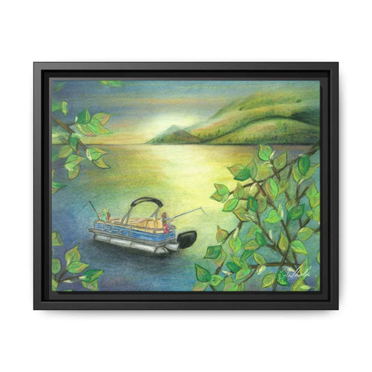 Pontoon Boat on Lake Framed Wall Art