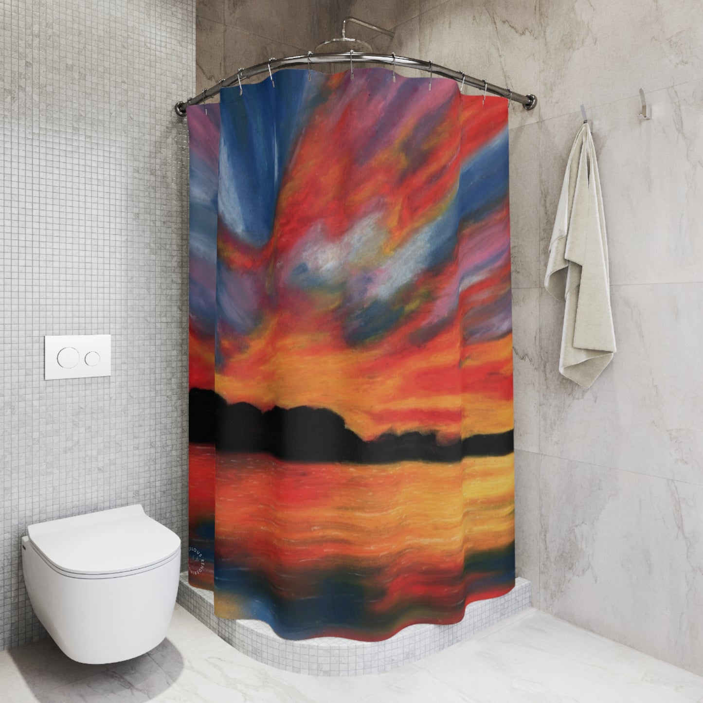 Sunset Abstract Shower Curtain — Vibrant Red & Blue Ocean Sunset Bathroom Decor