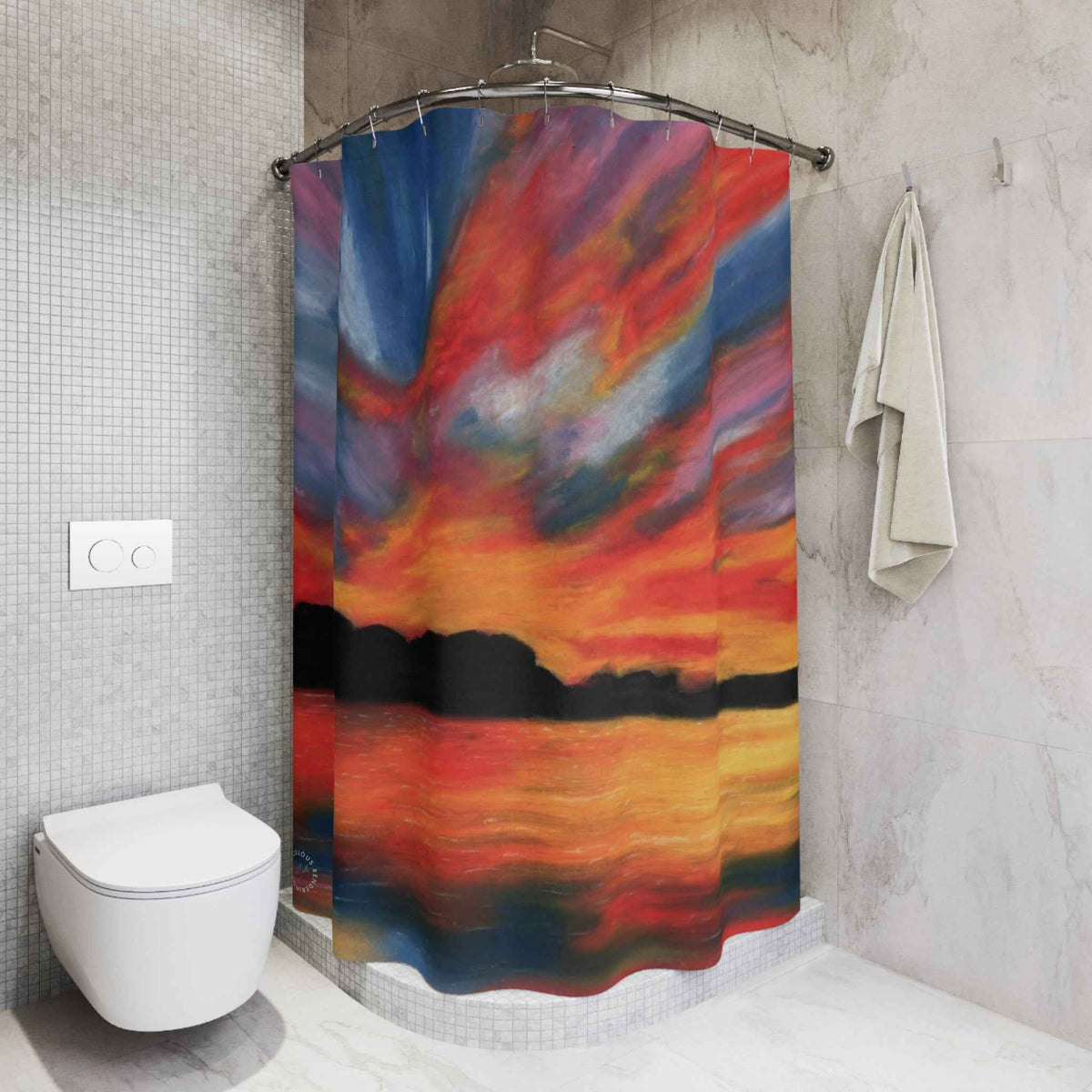 Sunset Abstract Shower Curtain — Vibrant Red & Blue Ocean Sunset Bathroom Decor