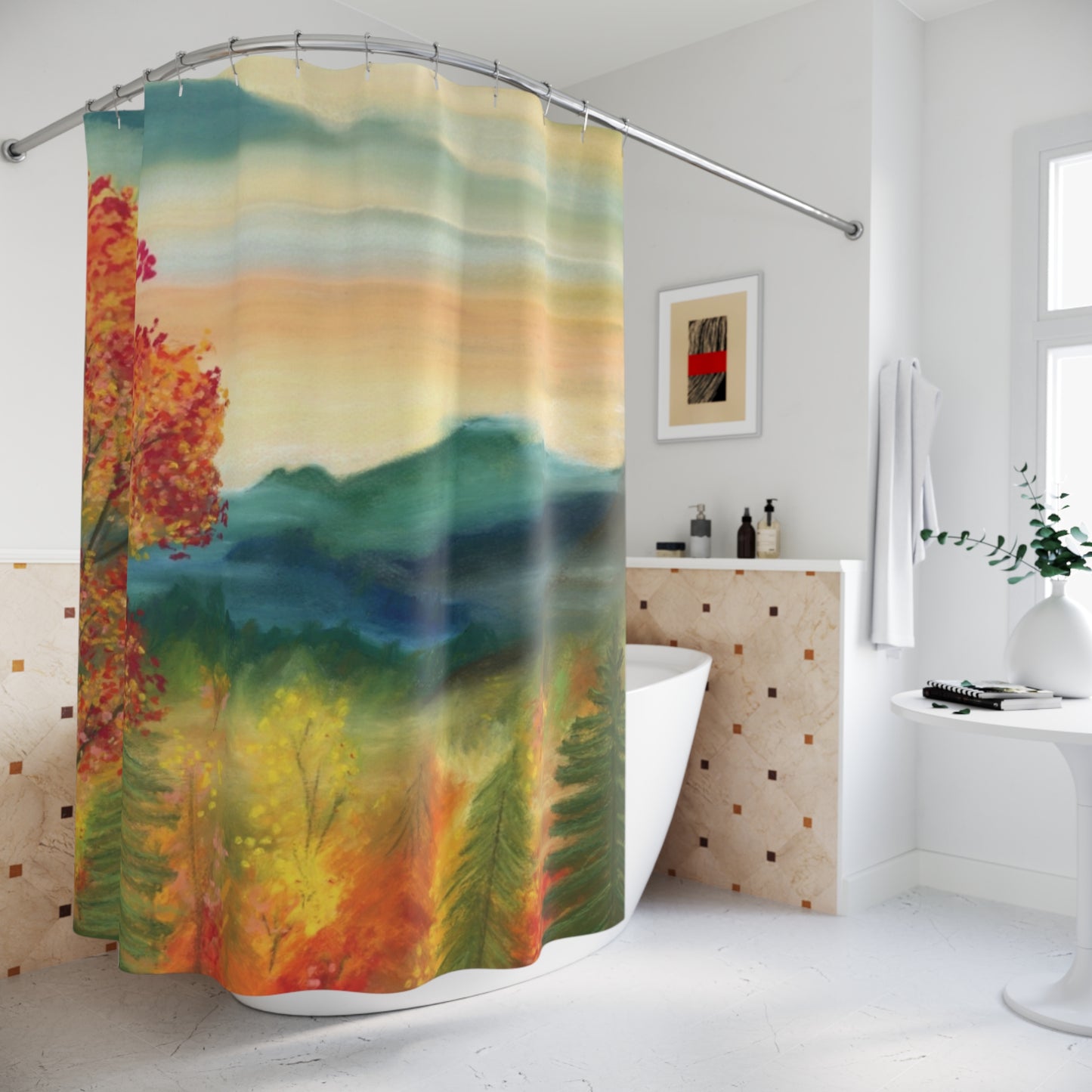Autumn Mountain Landscape Shower Curtain — Watercolor Fall Trees Bathroom Decor
