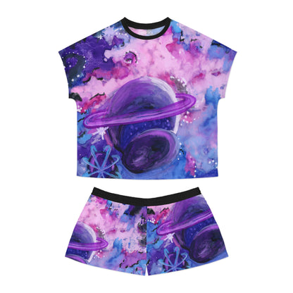 Women's Cosmic Planet Pajama Set – Purple Galaxy Short Sleepwear