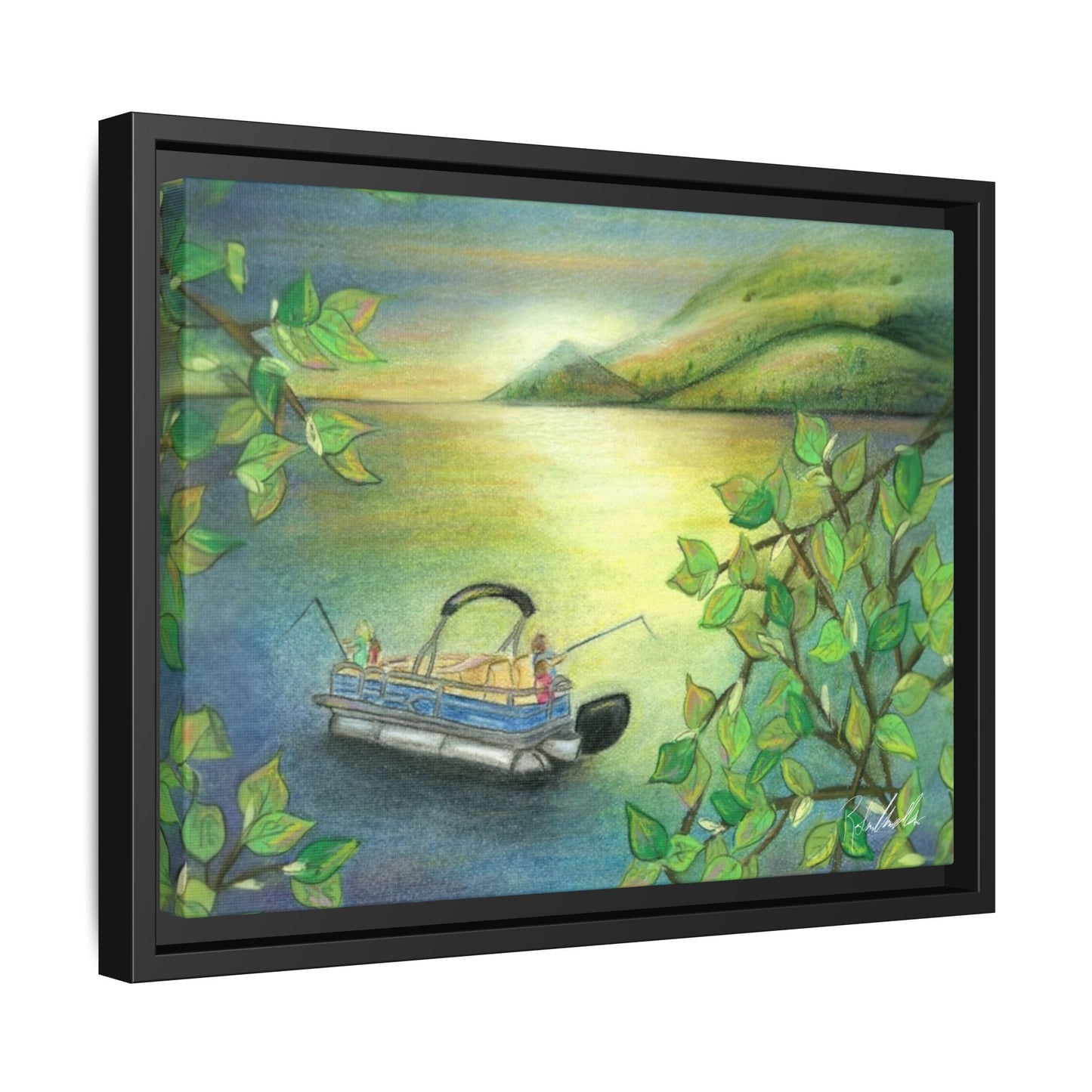 Pontoon Boat on Lake Framed Wall Art