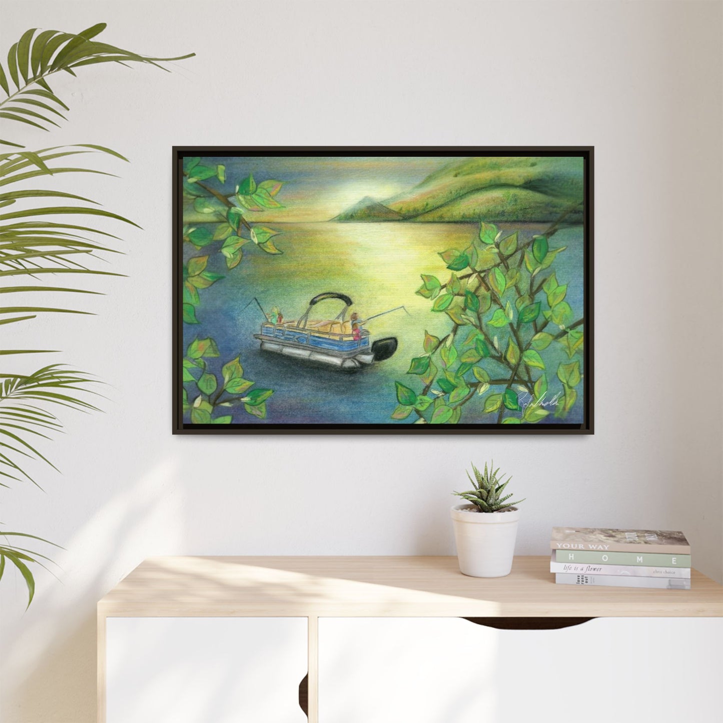 Pontoon Boat on Lake Framed Wall Art
