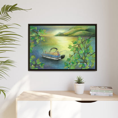 Pontoon Boat on Lake Framed Wall Art