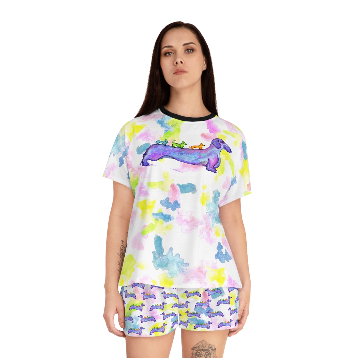 Women's Dachshund Watercolor Pajama Set — Short Sleep Tee & Boxer Shorts
