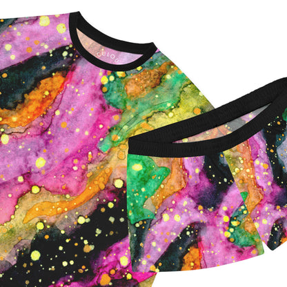Women's Colorful Galaxy Short Pajama Set — Abstract Watercolor Marble Sleepwear