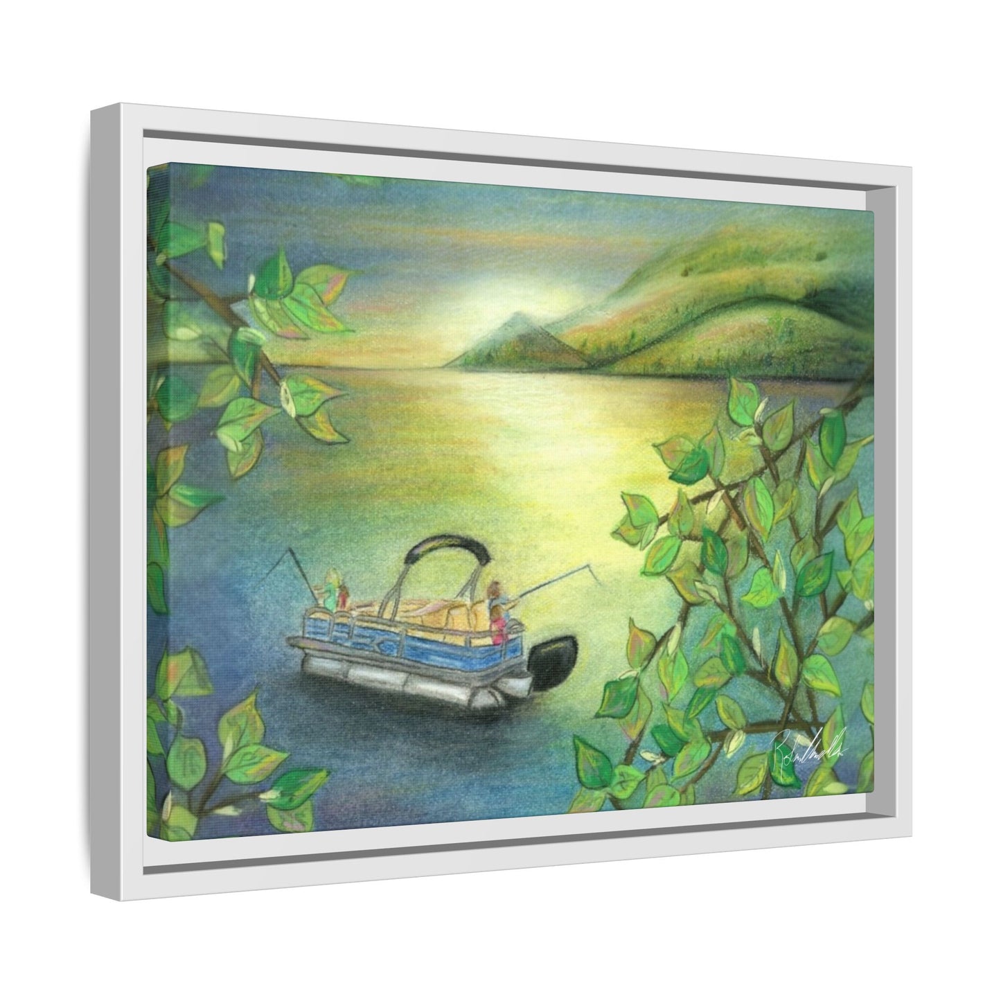 Pontoon Boat on Lake Framed Wall Art