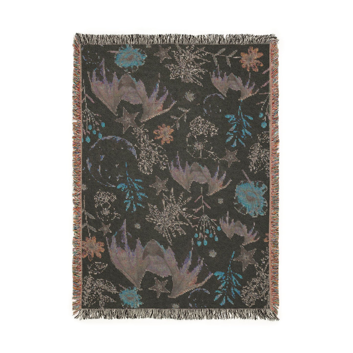 Celestial Bat Woven Blanket — Moon & Star Throw with Botanical Accents