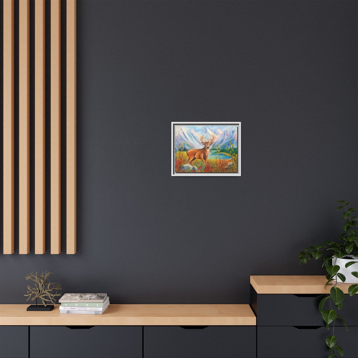Framed Canvas Wall Art — Majestic Deer in Mountain Meadow
