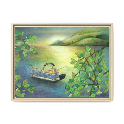 Pontoon Boat on Lake Framed Wall Art
