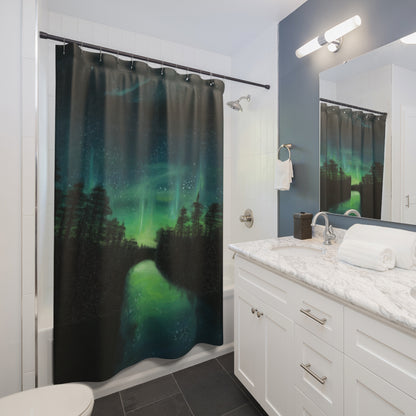 Aurora Forest Shower Curtain — Northern Lights Bathroom Decor