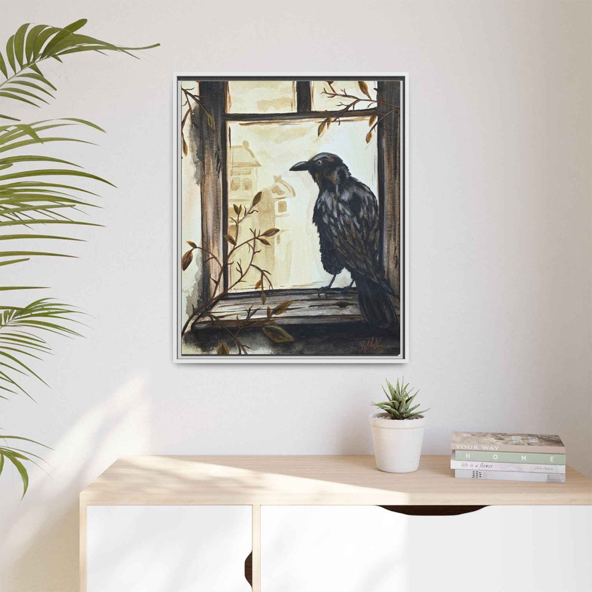 Framed Matte Canvas Print — Raven on Windowpane Wall Art