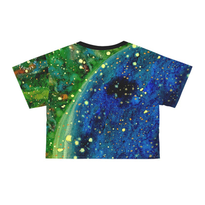 Galaxy Splash Crop Tee — Abstract Blue & Green Cosmic Art Top