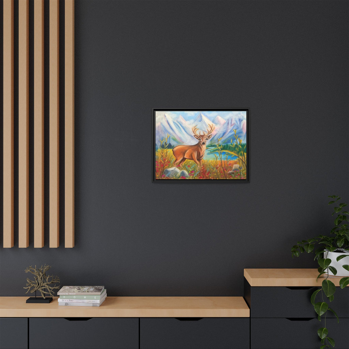 Framed Canvas Wall Art — Majestic Deer in Mountain Meadow