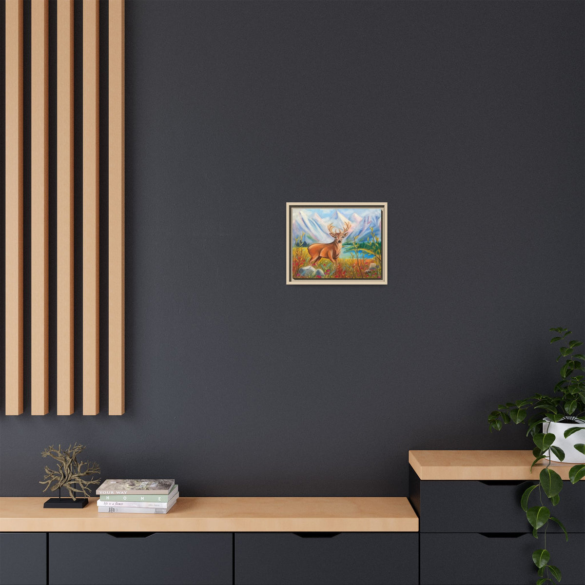 Framed Canvas Wall Art — Majestic Deer in Mountain Meadow