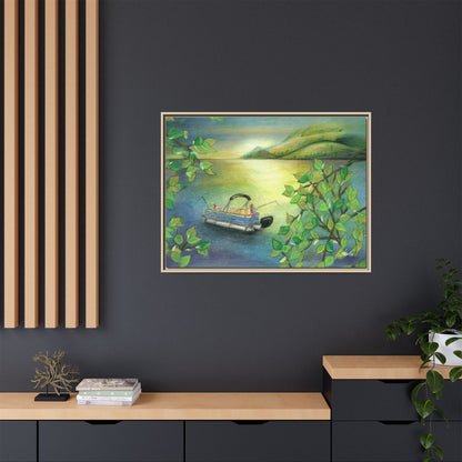 Pontoon Boat on Lake Framed Wall Art