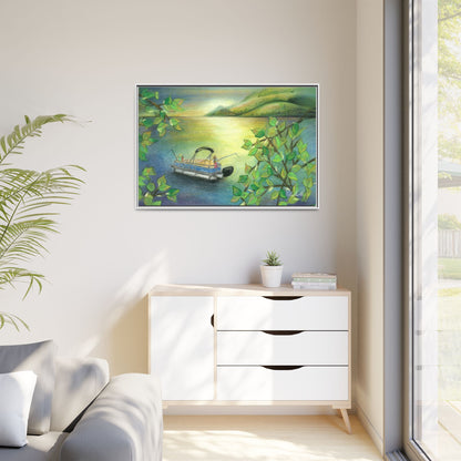 Pontoon Boat on Lake Framed Wall Art
