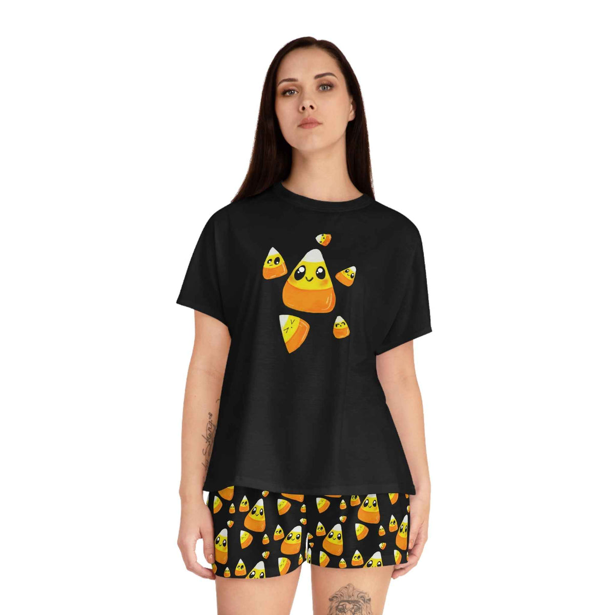 Candy Corn Pattern Women’s Pajama Set — Cute Halloween Short Sleepwear