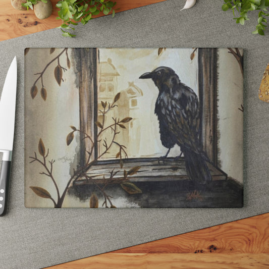 Raven Window Glass Cutting Board — Gothic Kitchen Decorative Chopping Board
