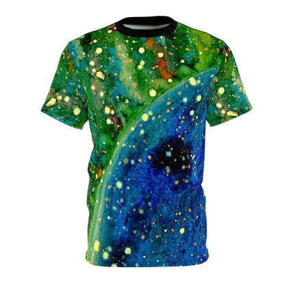Galaxy Ocean Abstract Tee — Vibrant Blue & Green All-Over Print