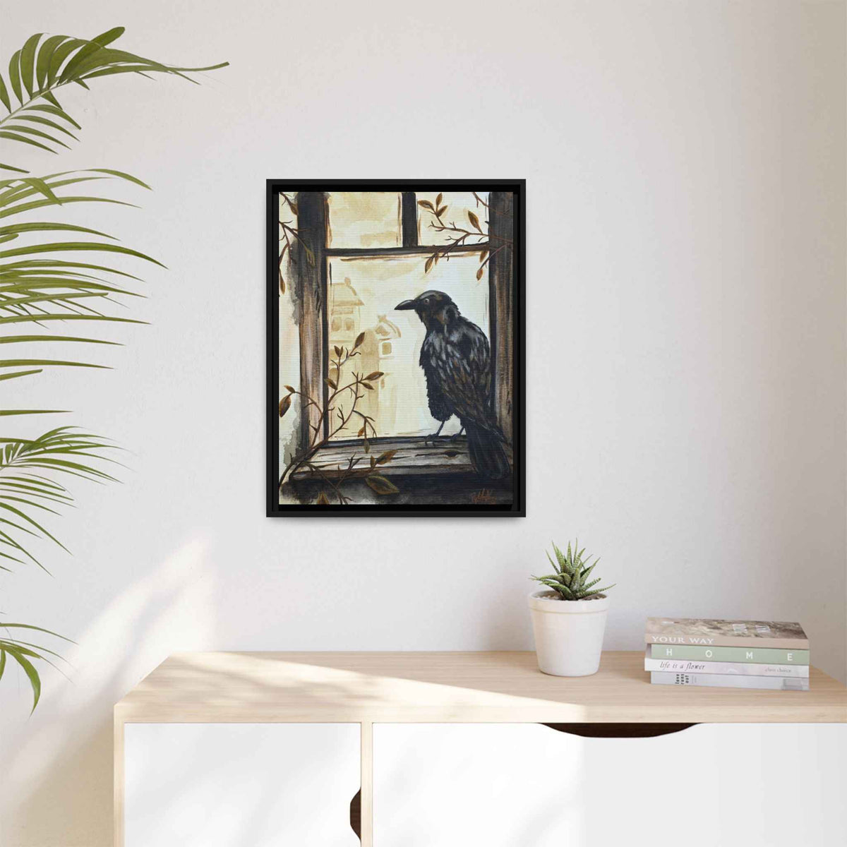 Framed Matte Canvas Print — Raven on Windowpane Wall Art