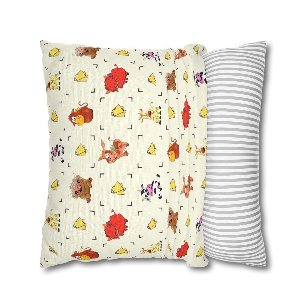 Cute Farm Animal Pattern Square Pillowcase – Whimsical Chick, Pig & Cow Throw Pillow Cover