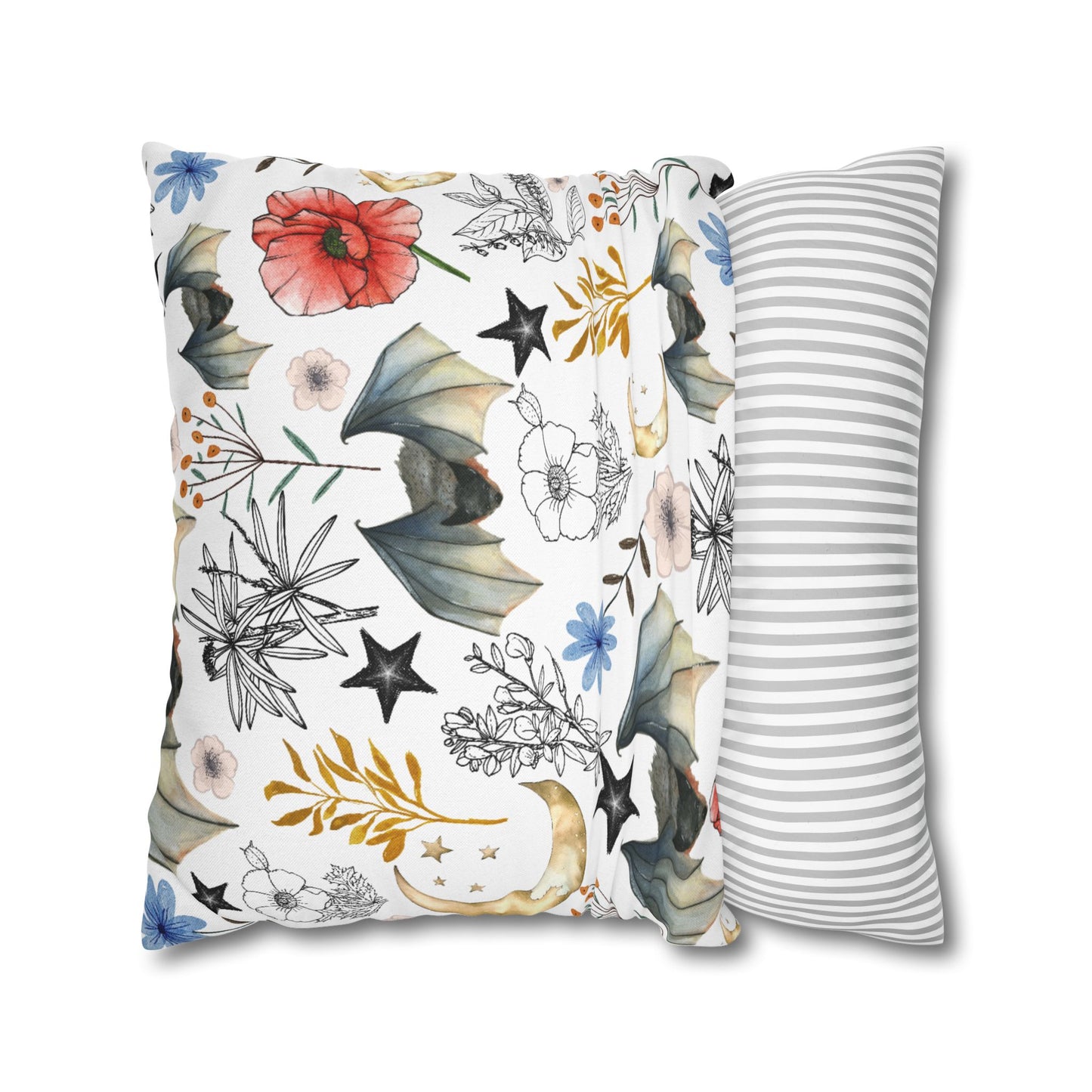 Botanical Night Bat Pillowcase — Floral Moon & Stars Throw Pillow Cover