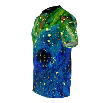 Galaxy Ocean Abstract Tee — Vibrant Blue & Green All-Over Print