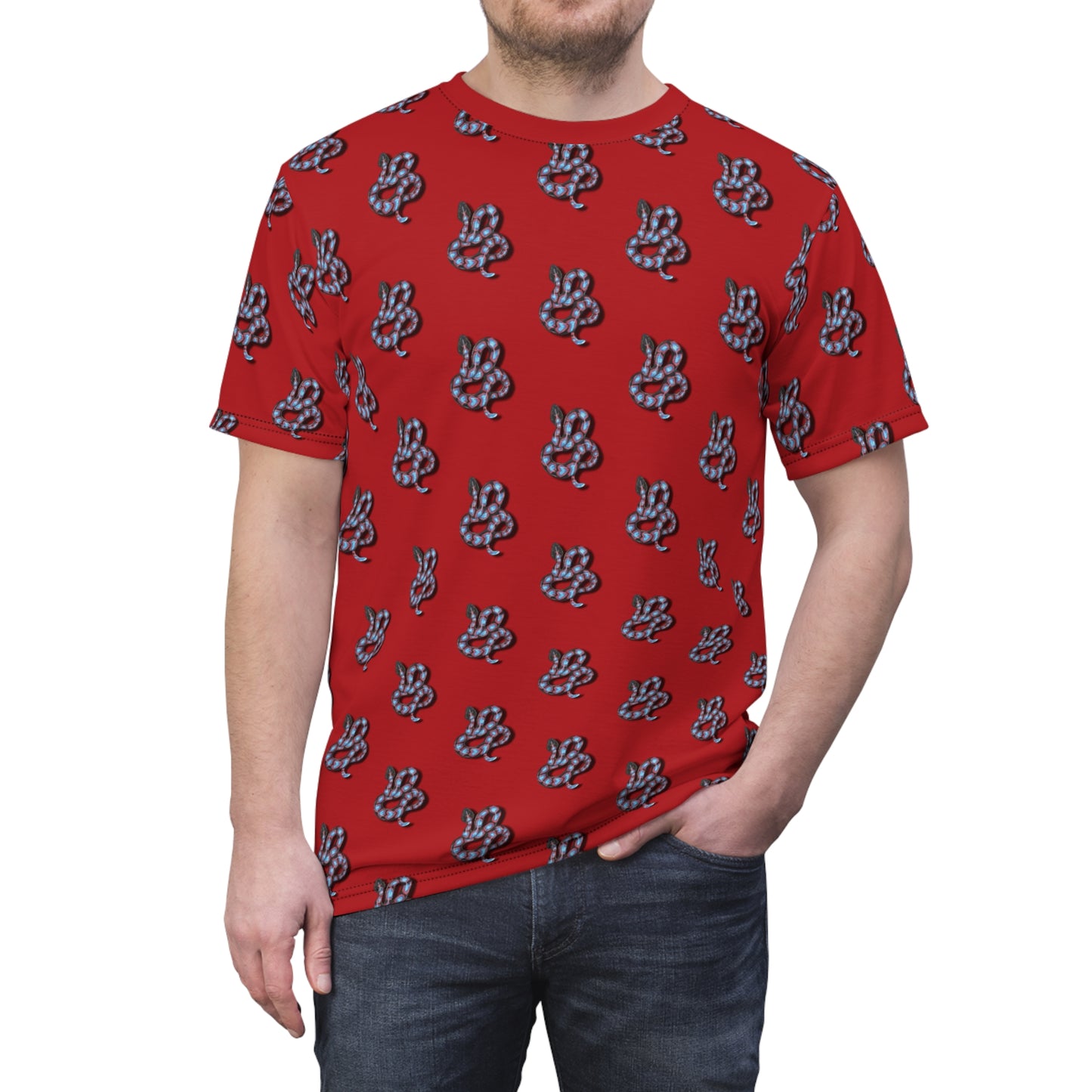Red Snake Pattern T-Shirt — All-Over Print Casual Tee