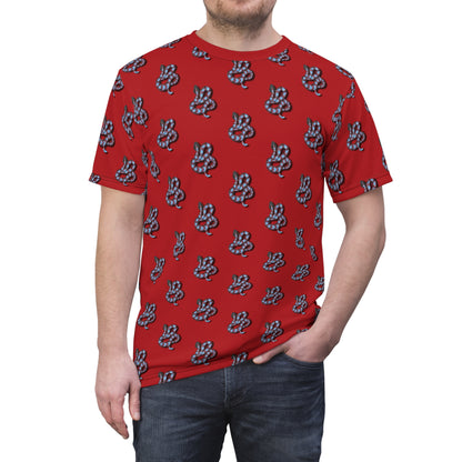 Red Snake Pattern T-Shirt — All-Over Print Casual Tee