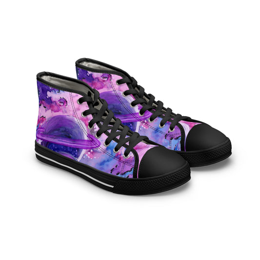 Galaxy Watercolor High Top Sneakers — Purple Planet Cosmic Print for Women