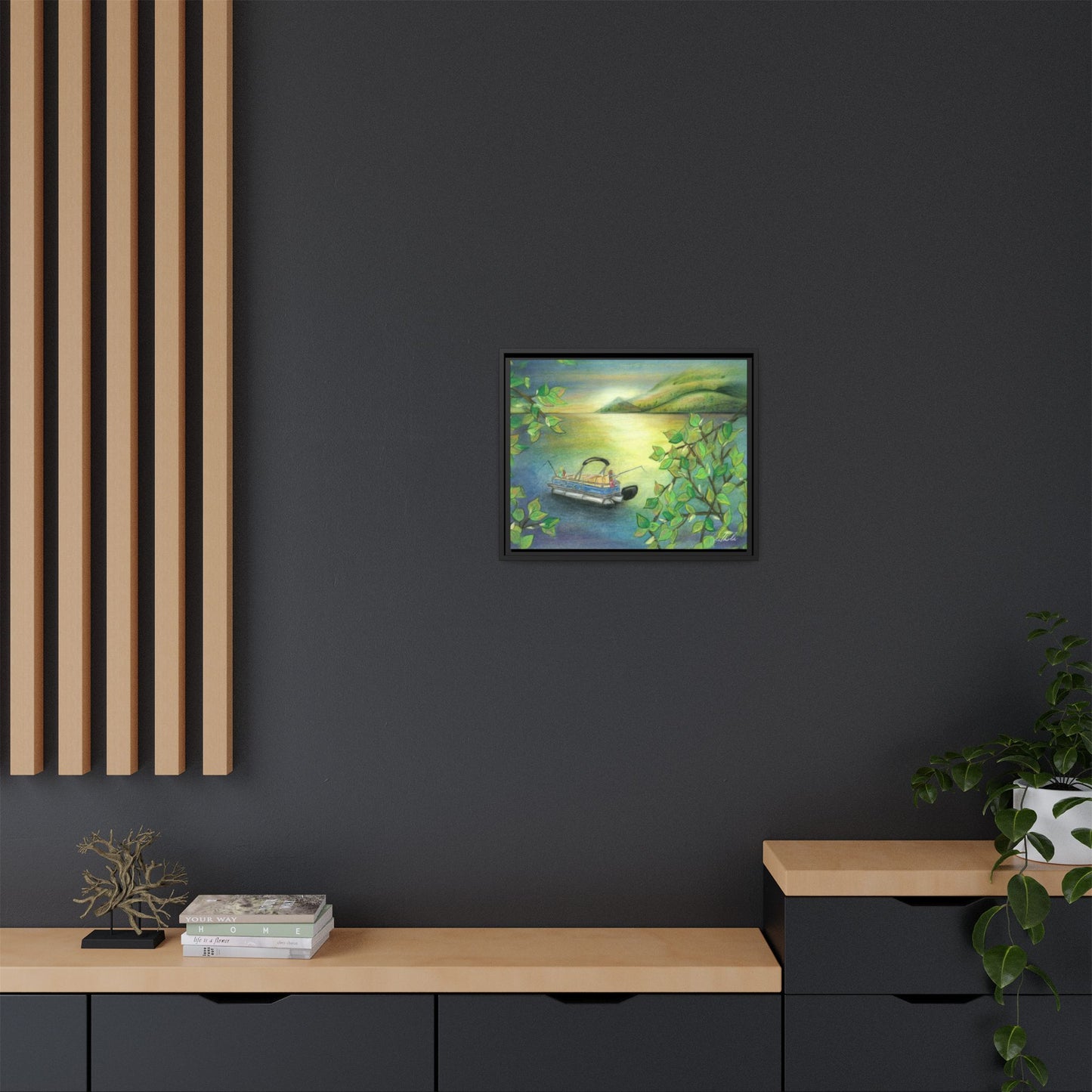 Pontoon Boat on Lake Framed Wall Art
