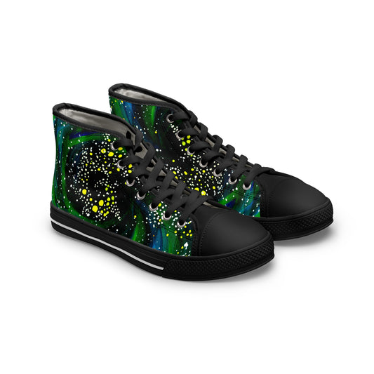 Galaxy Green Women's High-Top Sneakers — Cosmic Swirl Design