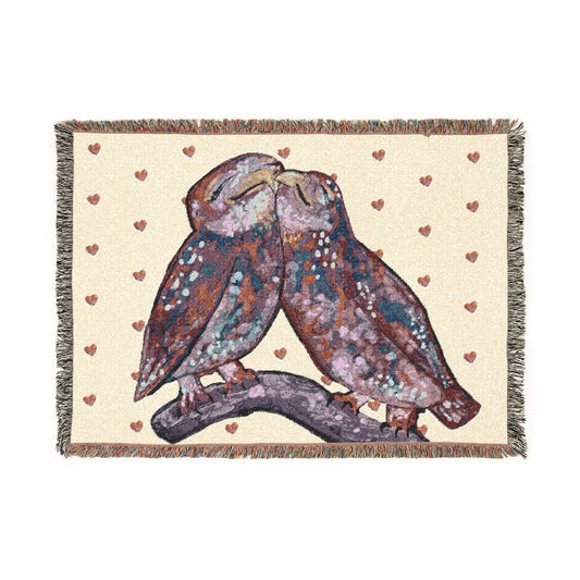 Woven Blanket — Romantic Owls Jacquard Throw (Kissing Owl Design)