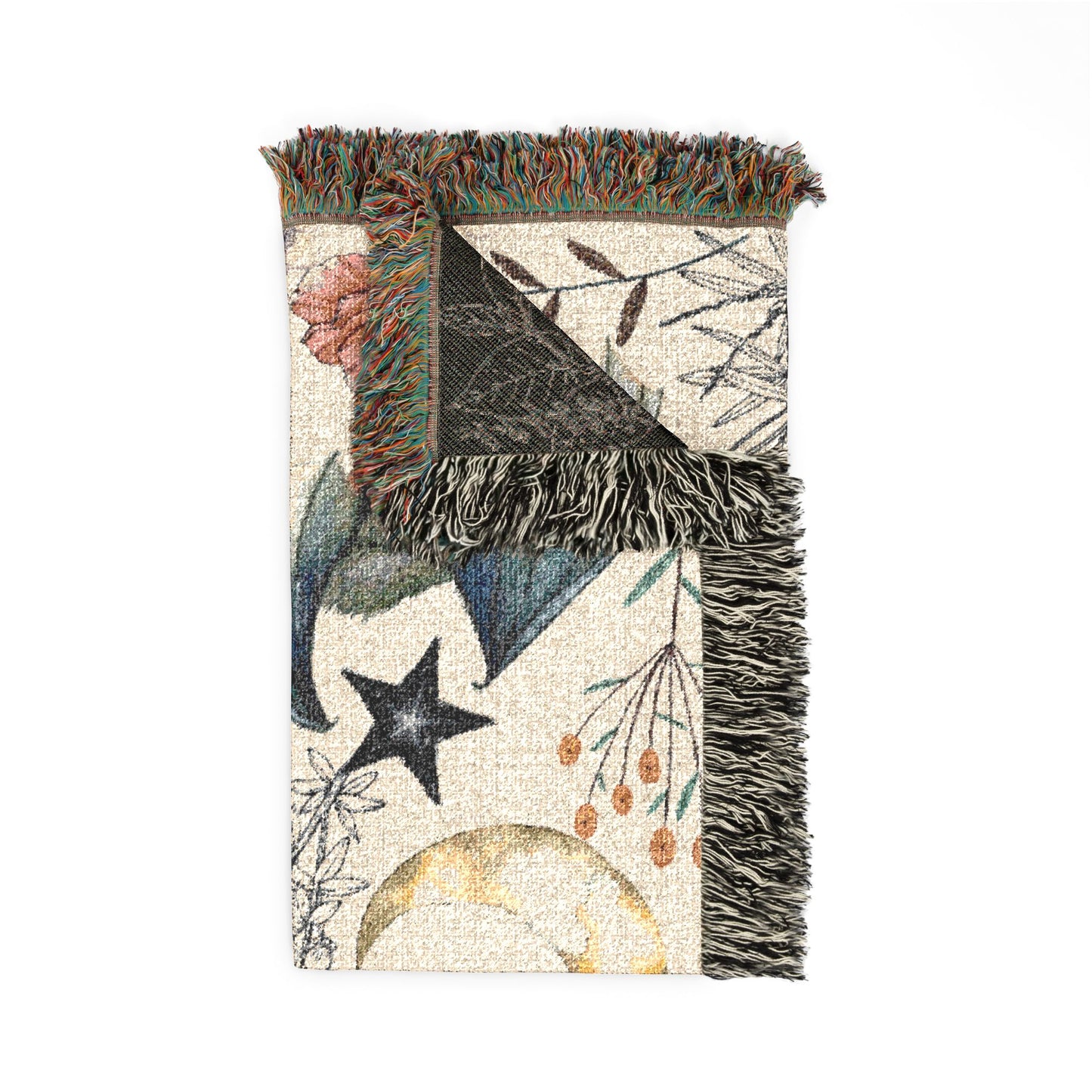 Celestial Bat Woven Blanket — Moon & Star Throw with Botanical Accents