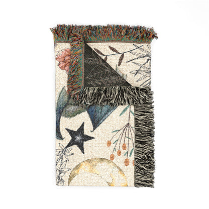 Celestial Bat Woven Blanket — Moon & Star Throw with Botanical Accents