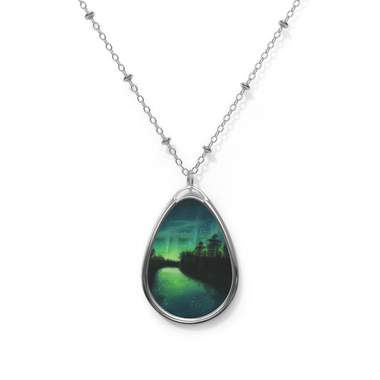 Aurora Borealis Northern Lights Moody Woods Oval Necklace