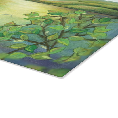 Lakefront Pontoon Glass Cutting Board – Tranquil Boating Kitchen Décor