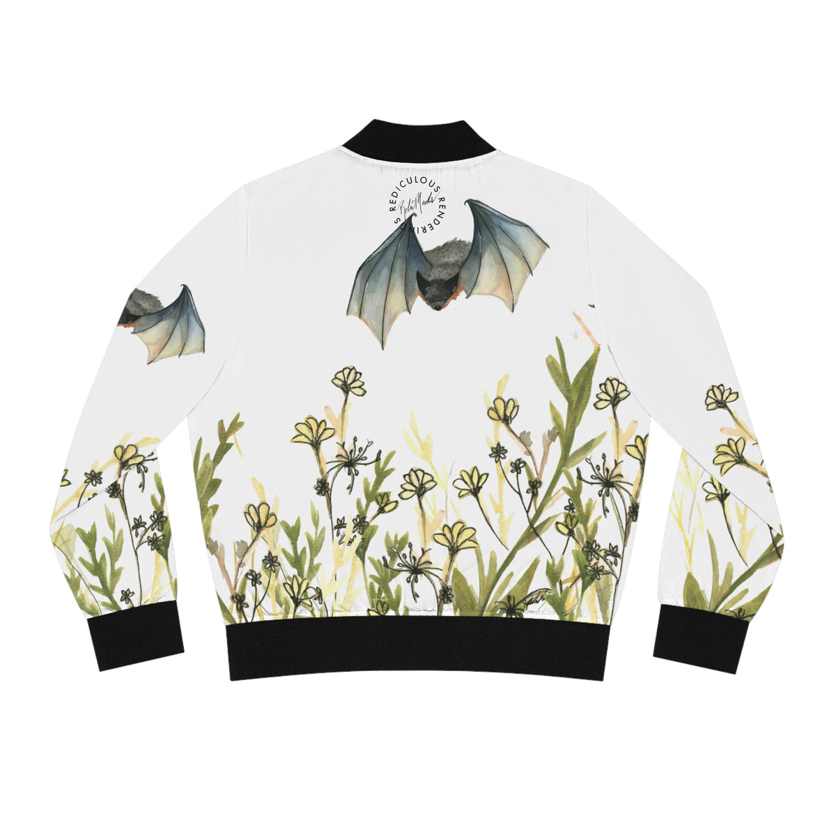 Floral Bat Bomber Jacket — Women's Graphic Bomber with Meadow & Flying Bats