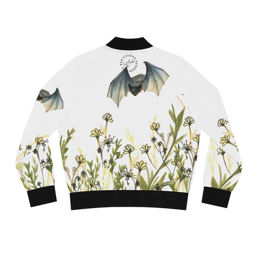 Floral Bat Bomber Jacket — Women's Graphic Bomber with Meadow & Flying Bats