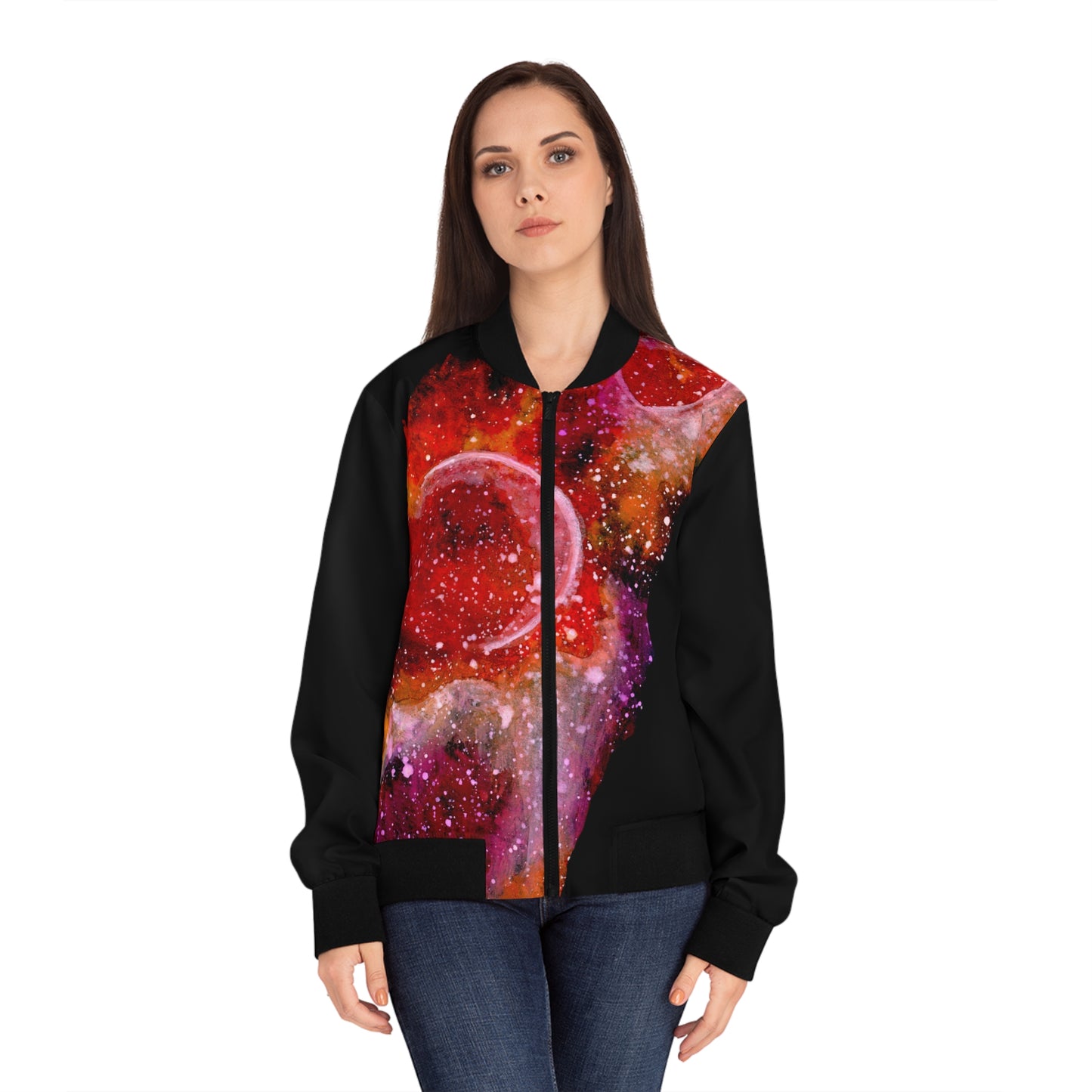 Cosmic Bloom Bomber Jacket — Women's Galaxy Art Outerwear