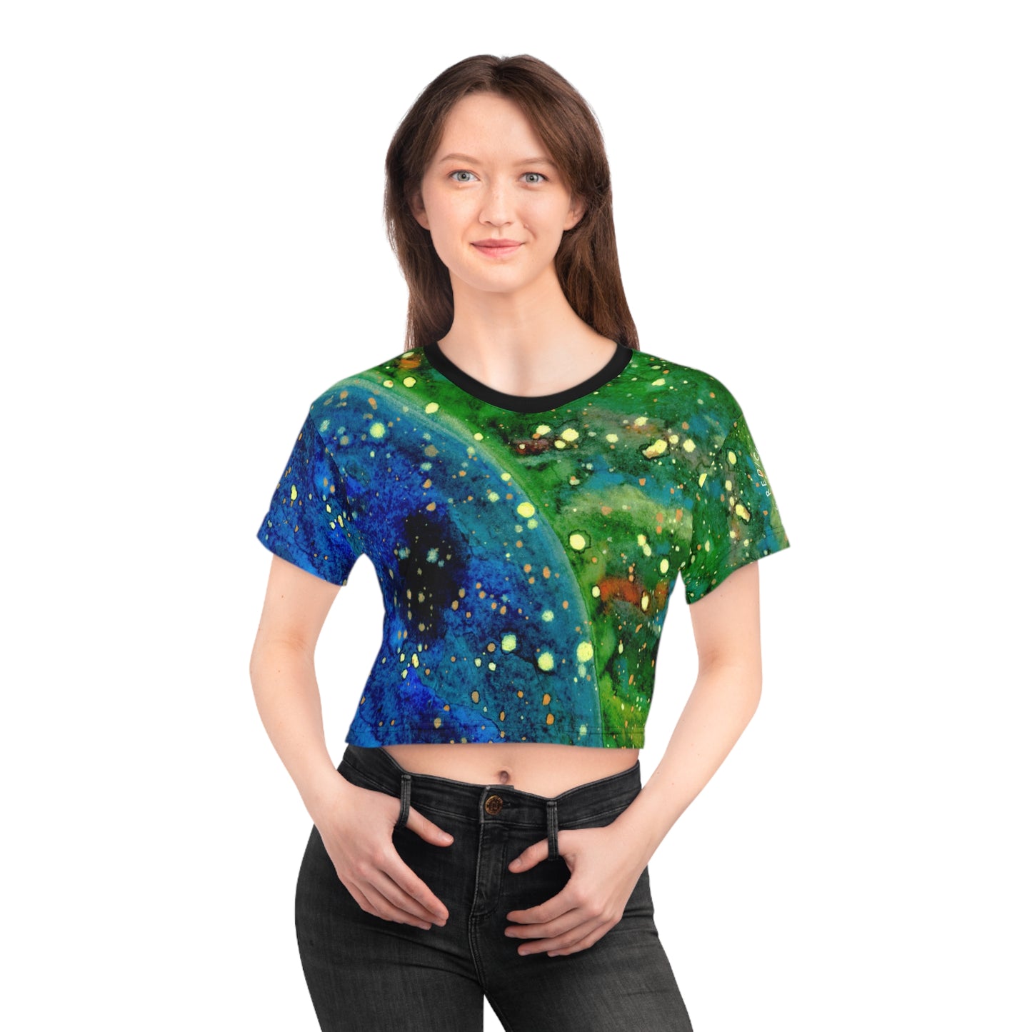 Galaxy Splash Crop Tee — Abstract Blue & Green Cosmic Art Top
