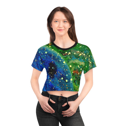 Galaxy Splash Crop Tee — Abstract Blue & Green Cosmic Art Top